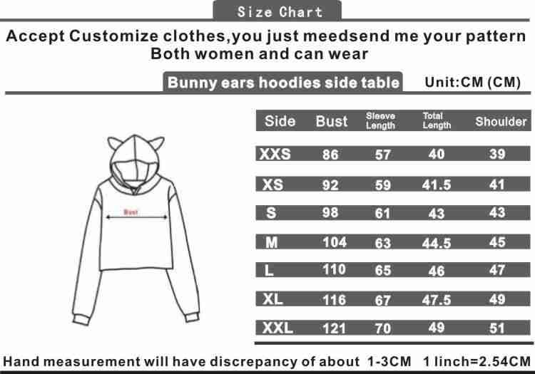 WOMENS CROPPED HOODIES SIZE CHART