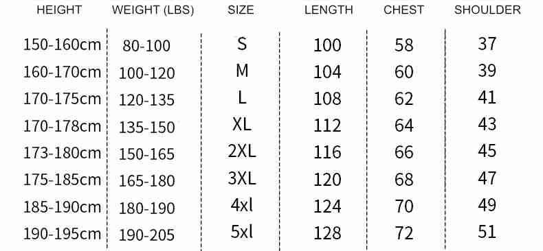 HOODED VEST SIZE CHART