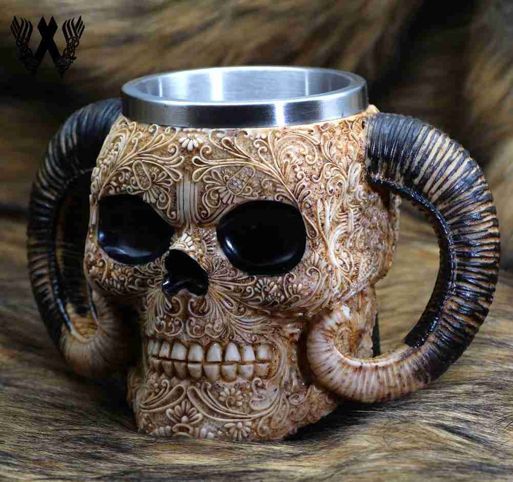 Embossed Claw Horned Skull Stainless Steel Resin Mug