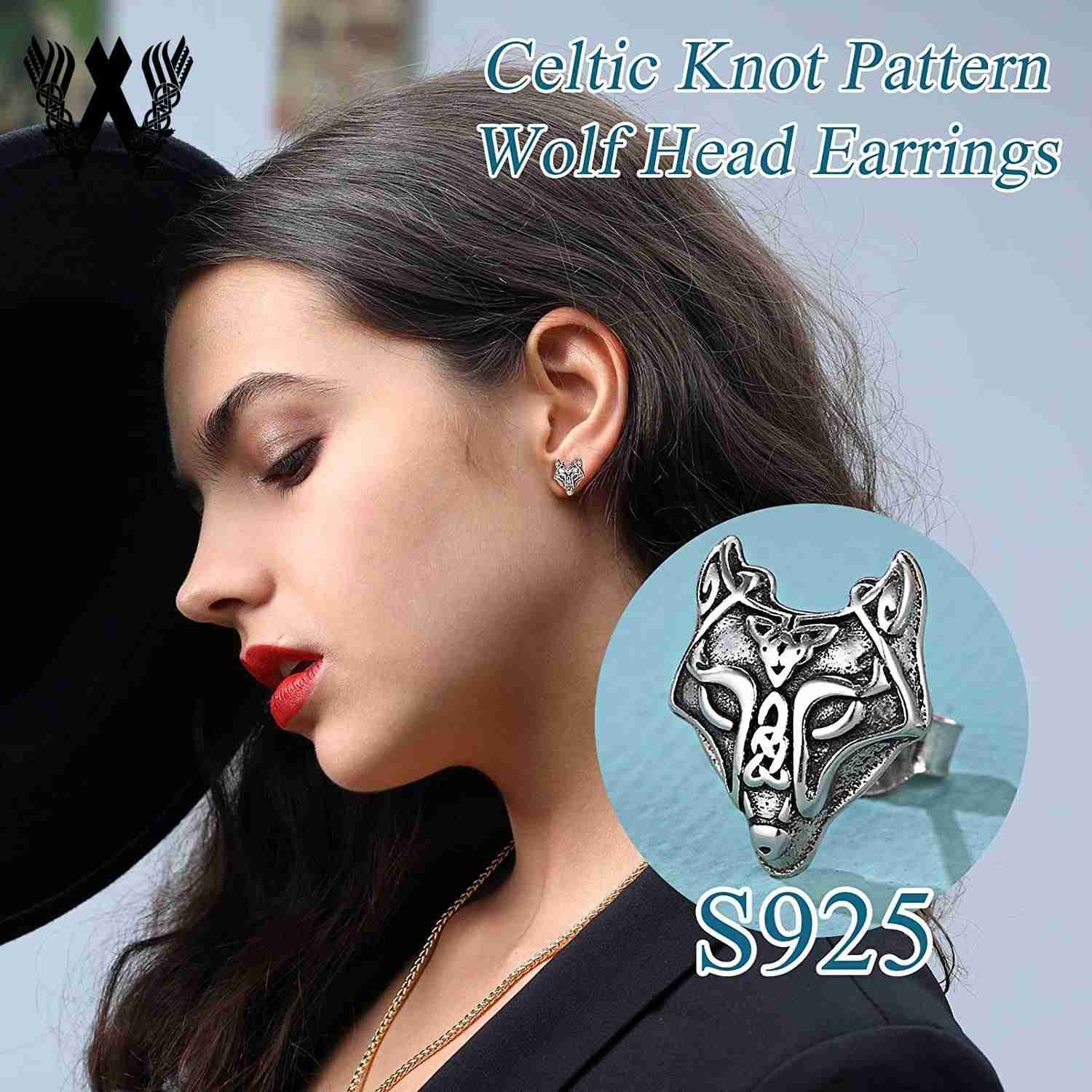 Norse Viking Sterling Silver Vintage Wolf Head Stud Earrings