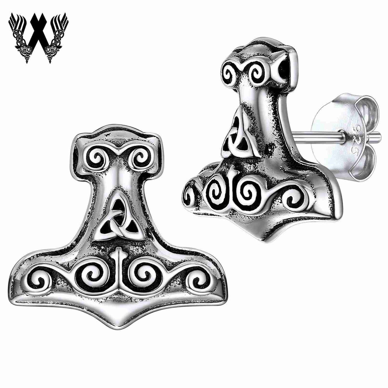 Sterling Silver Norse Viking Thor Hammer Stud Earrings