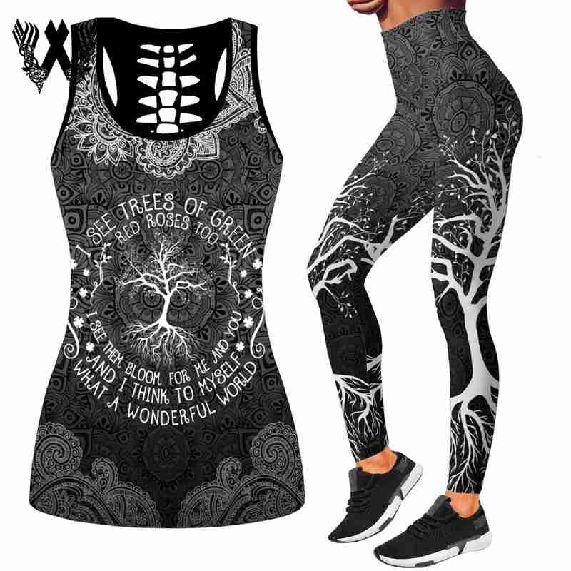 Nordic Tree Of Life Floral Pattern 3D Womens Hollow Tank Top And Leggings Fitness Set