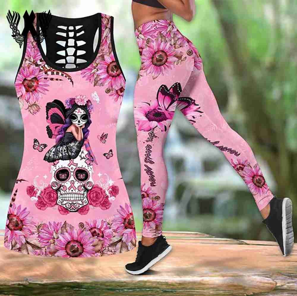 Pink Skull Butterfly Nordic 3D Womens Hollow Tank Top And Leggings Fitness Set