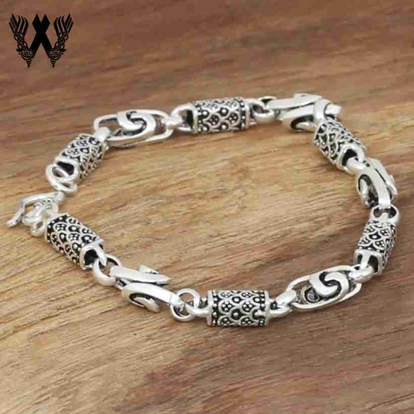 Pure Silver Carved Square Dragon Swirls Bangle Bracelet - Viking Veins