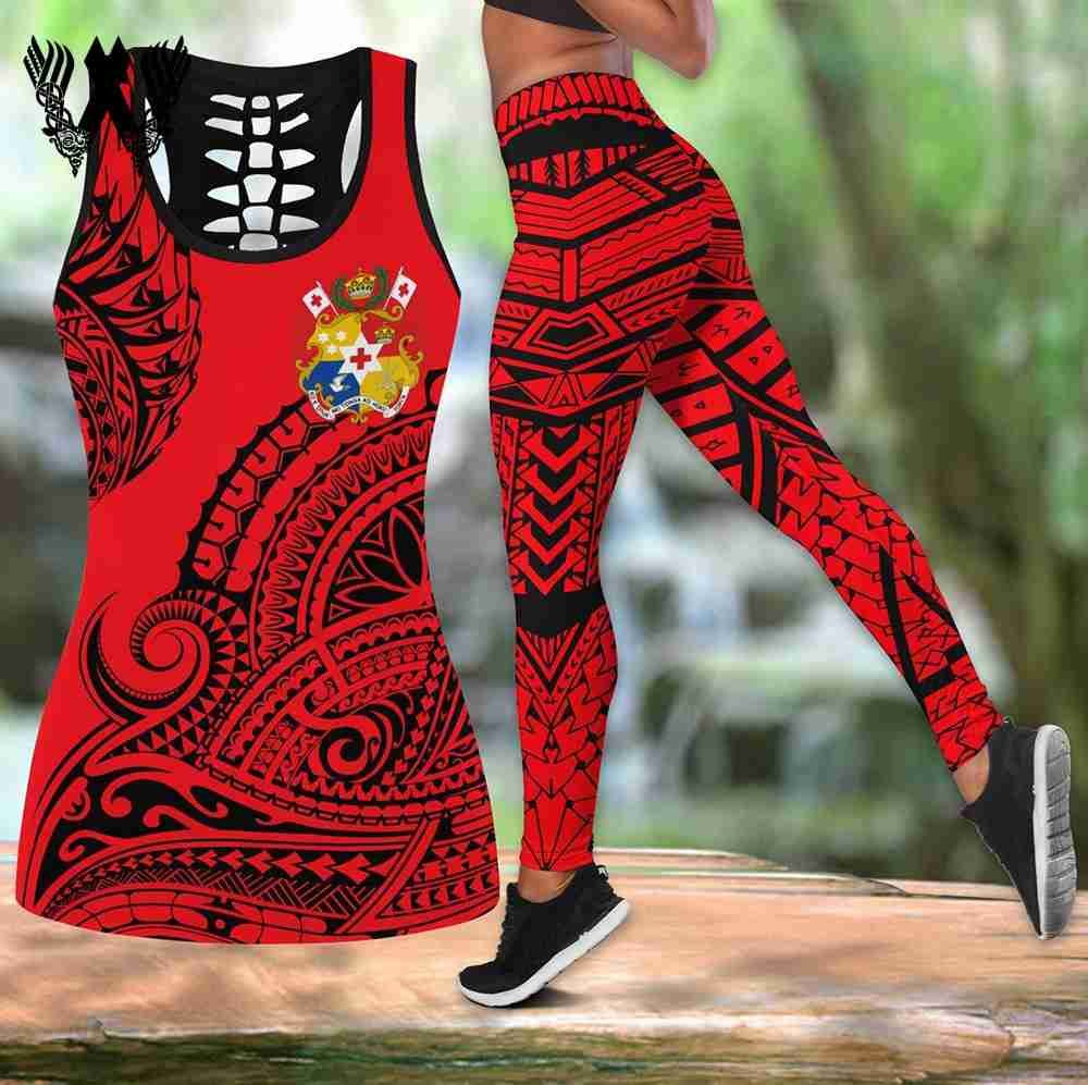 Red Black Nordic Viking Pattern 3D Womens Hollow Tank Top And Leggings Fitness Set