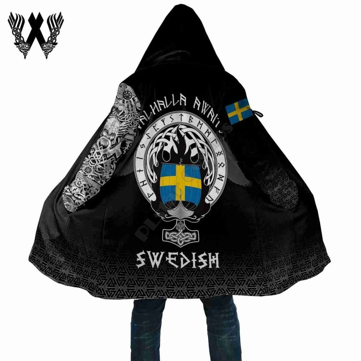 Swedish Viking Valhalla Awaits Thick Fleece 3D Windbreaker Hooded Cloak