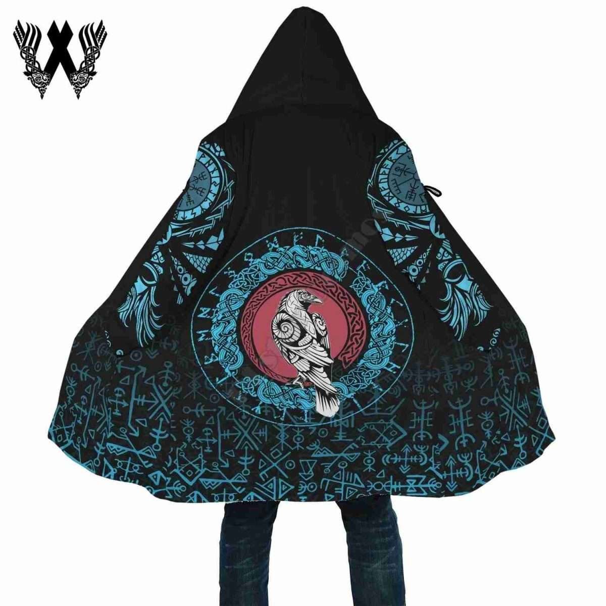 Viking Celtic Knot Raven Thick Fleece 3D Windbreaker Hooded Cloak
