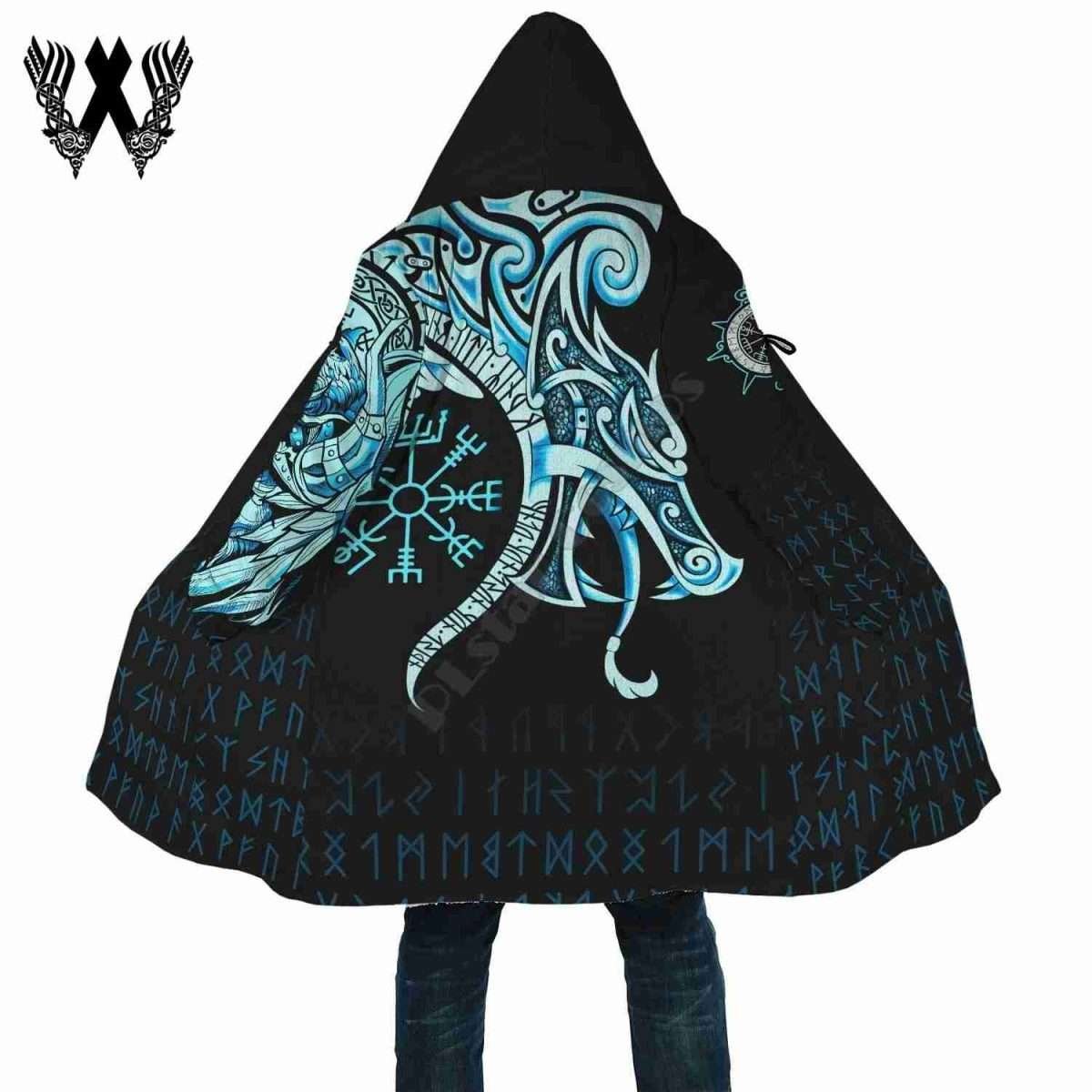 Viking Celtic Wolf Runic Letters Thick Fleece 3D Windbreaker Hooded Cloak