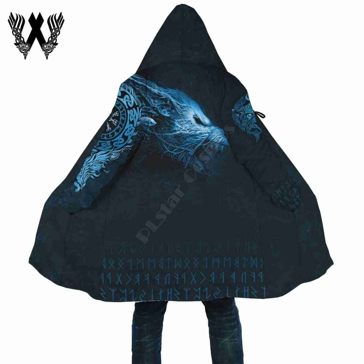 Viking Fenrir Wolf Thick Fleece 3D Windbreaker Hooded Cloak