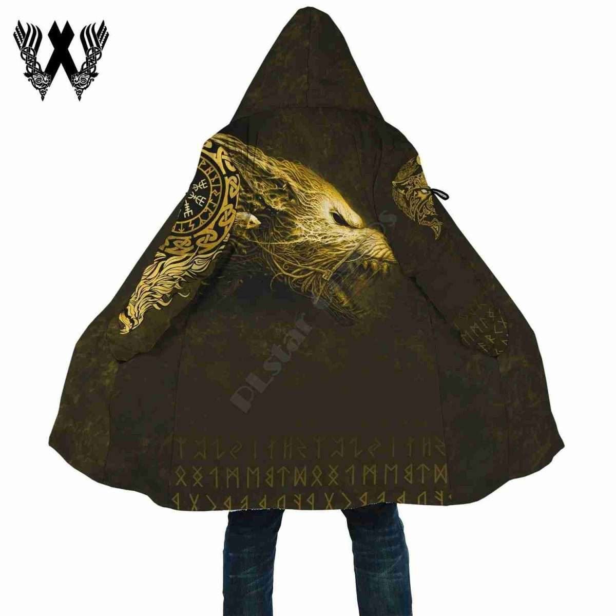 Viking Fenrir Wolf Yellow Thick Fleece 3D Windbreaker Hooded Cloak