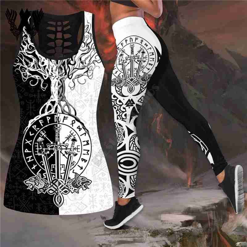 Viking Norse Compass 3D Womens Hollow Tank Top And Leggings Fitness Set