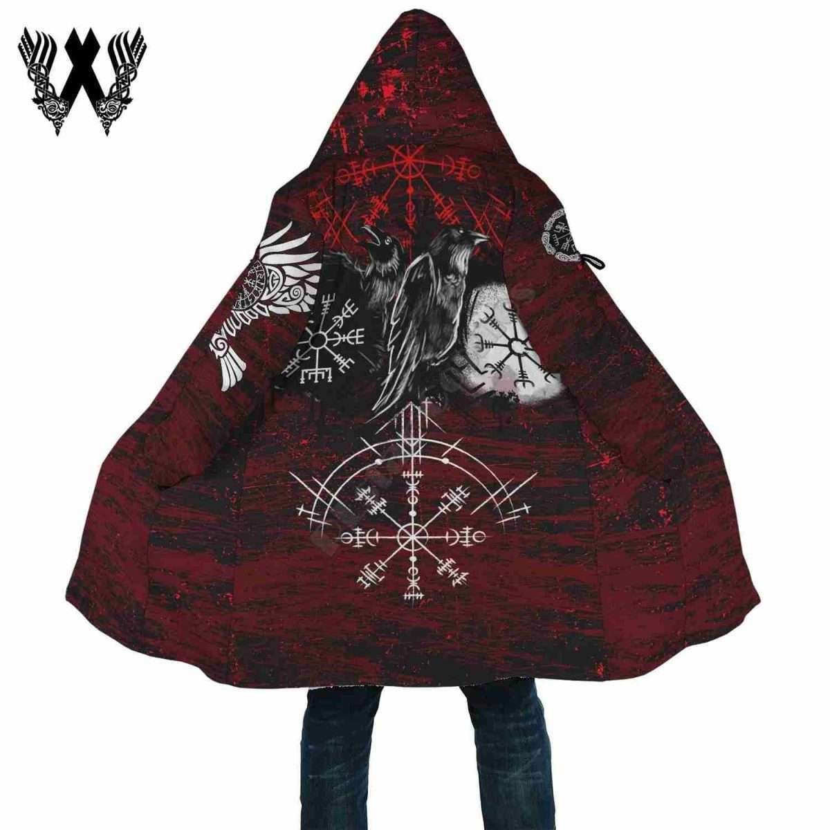 Viking Norse Compass Raven Thick Fleece 3D Windbreaker Hooded Cloak