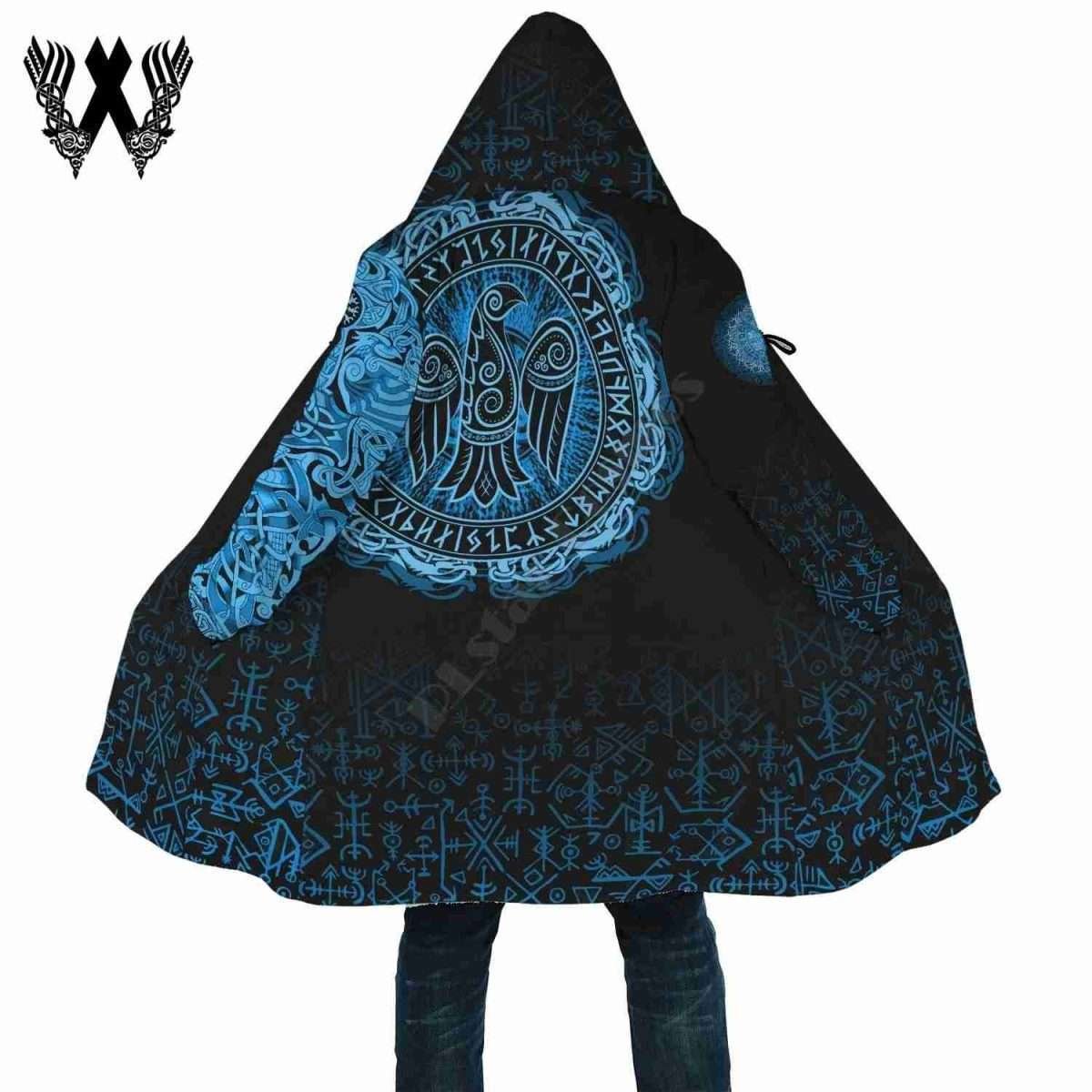 Viking Norse Raven Blue Runes Thick Fleece 3D Windbreaker Hooded Cloak