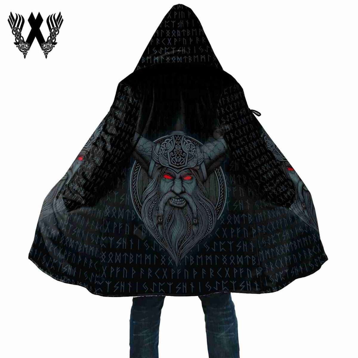 Viking Odin Runic Letters Pattern Thick Fleece 3D Windbreaker Hooded Cloak