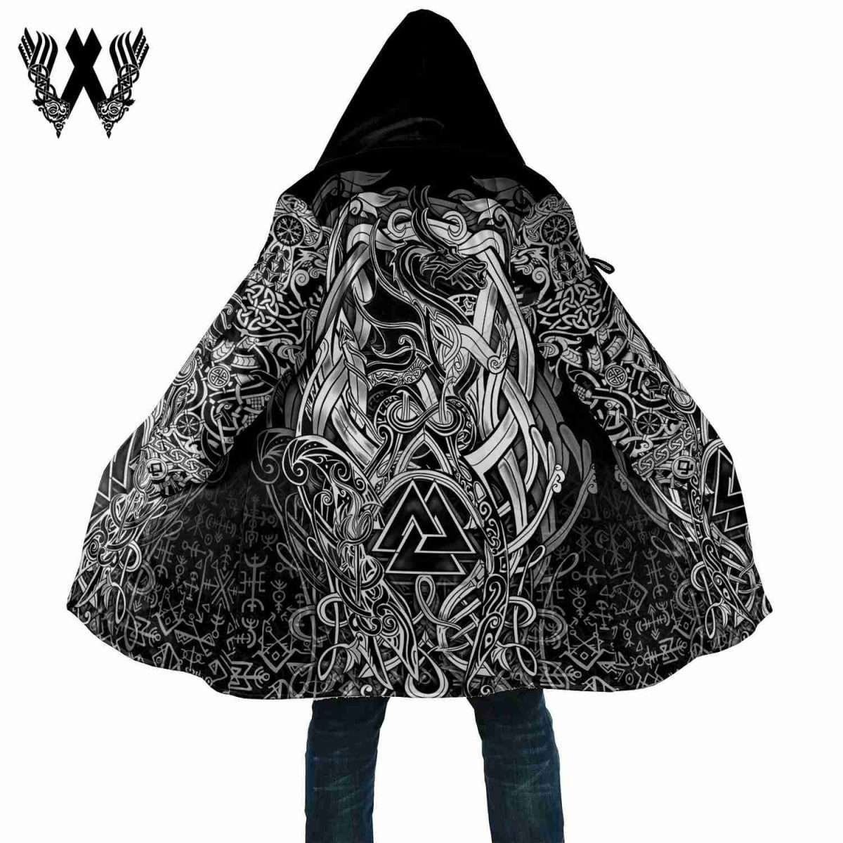 Viking Valknut Pattern Thick Fleece 3D Windbreaker Hooded Cloak