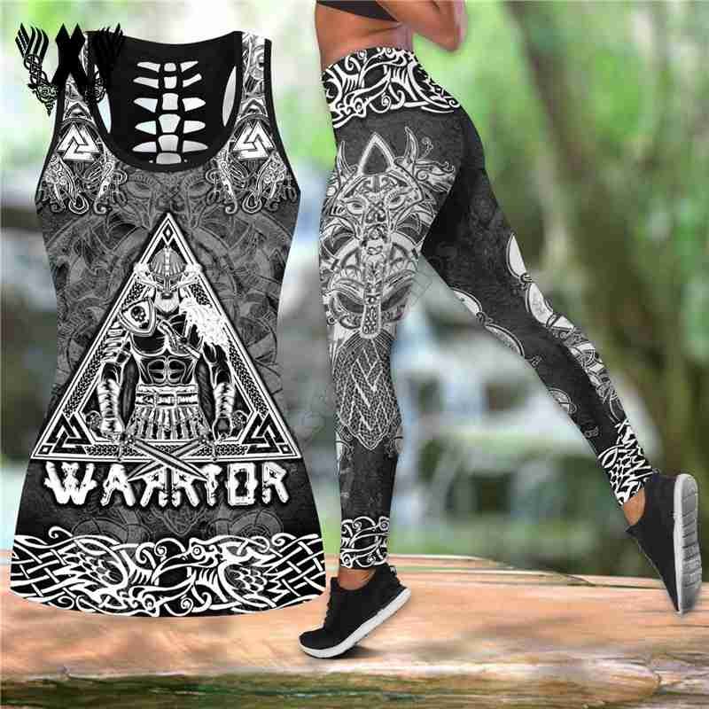 Viking Warrior Valknut Symbol 3D Womens Hollow Tank Top And Leggings Fitness Set